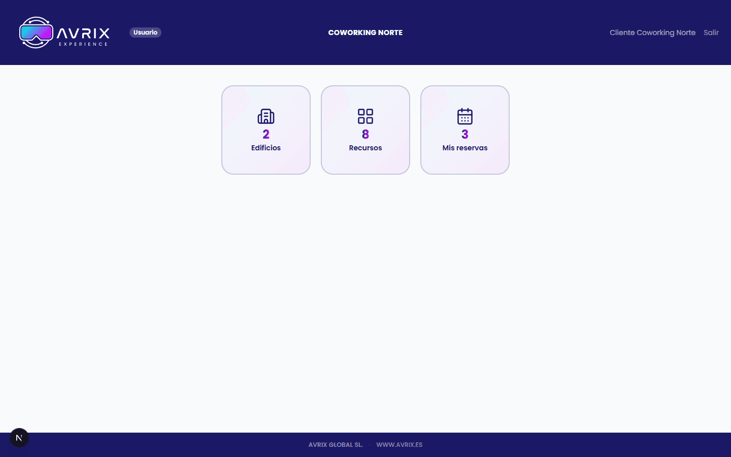 Página de inicio de un usuario, con accesos a departamentos, recursos y sus reservas