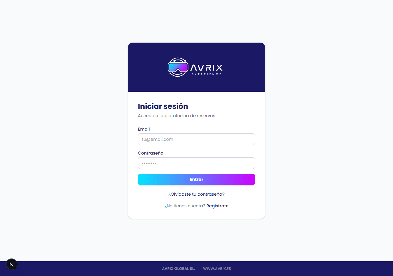 Pantalla de inicio de sesión de Avrix